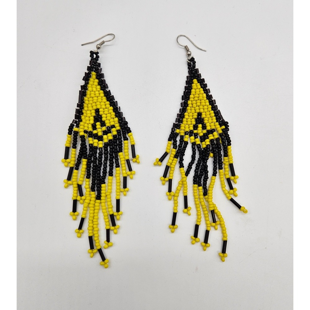 Beaded Dangle‎ Earrings Yellow Black SEED BEAD Fringe Statement